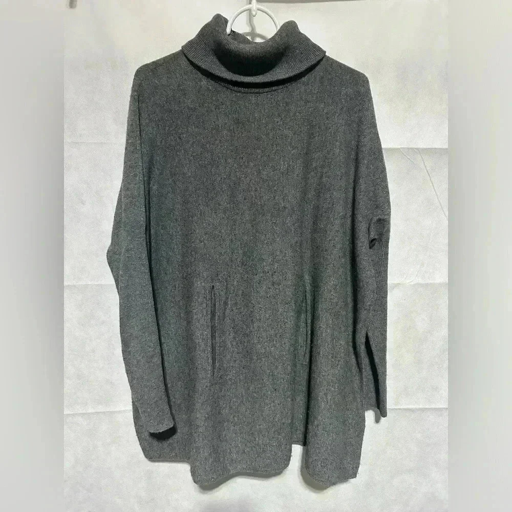 Garnet Hill Wool Cashmere Oversized Turtleneck Sweater Pocket Gray Size Small